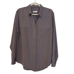 Equipment Classic Silk Button Front Pocket Shirt Gray Small Office Contemporary